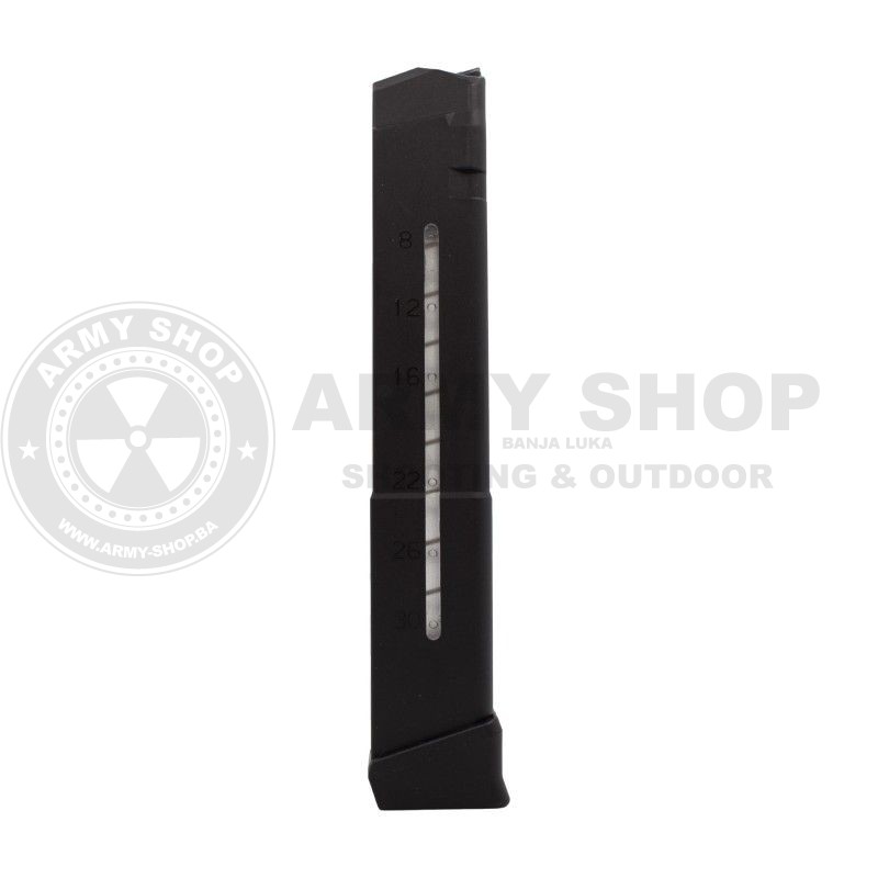 Magazine 9mm 30+2rds with side window. Weapon type: Glock 17, 18, 19, 19X, 26, 34, 45