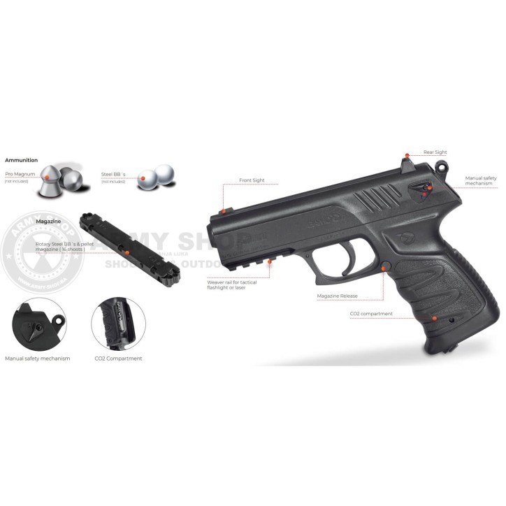 Pištolj GAMO P27 CO2 DUAL 4.5mm, puca diabole i kugle 4.5mm